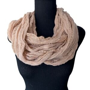 Peach Beige Pink Crinkle Gauze Infinity Scarf Lightweight Frayed Loop Scarf